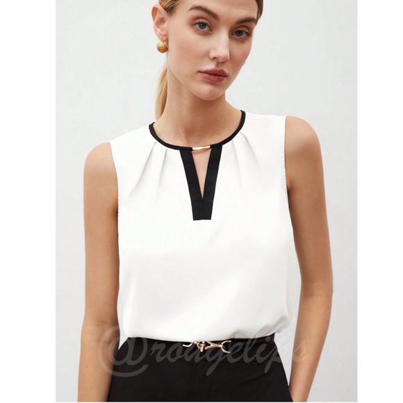 White Sleeveless Blouse Top Black V-Neck Trim Gold Embellishment Detail - Picture 9 of 11